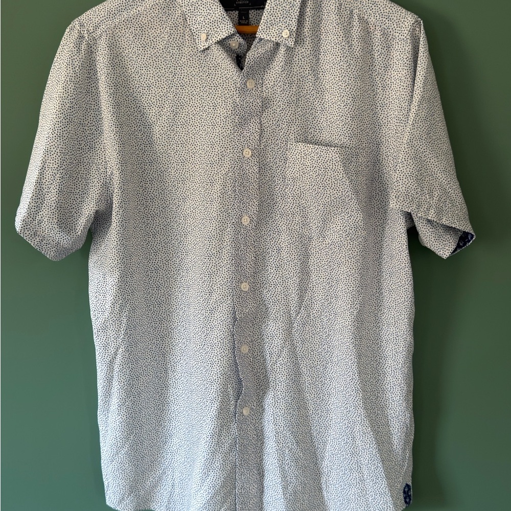 Heritage Short-Sleeve Button-Down Shirt in White with Navy Microdots